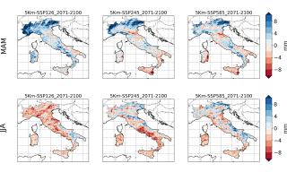 Proiezione cambiamento per la fine del secolo del 99° percentile delle precipitazioni giornaliere 